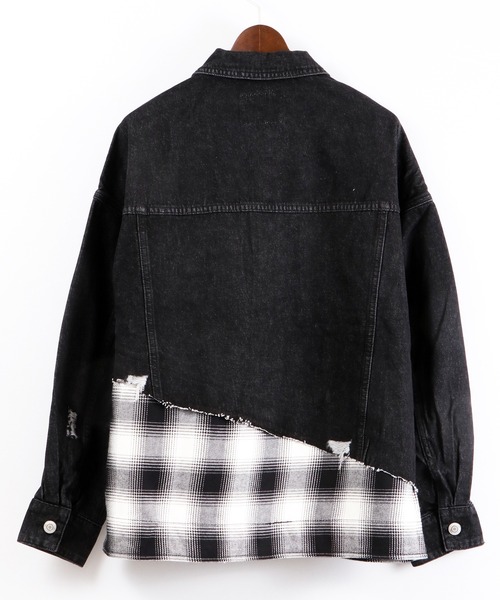 MISHKA(ミシカ)の「【MISHKA】無地&チェック柄 異素材切替 ビッグデニムジャケット(デニムジャケット・メンズ・ブラック・L/M)」の3枚目の写真