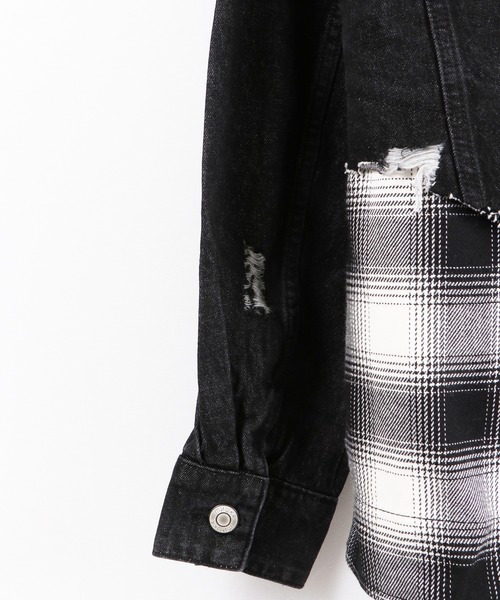 MISHKA(ミシカ)の「【MISHKA】無地&チェック柄 異素材切替 ビッグデニムジャケット(デニムジャケット・メンズ・ブラック・L/M)」の16枚目の写真