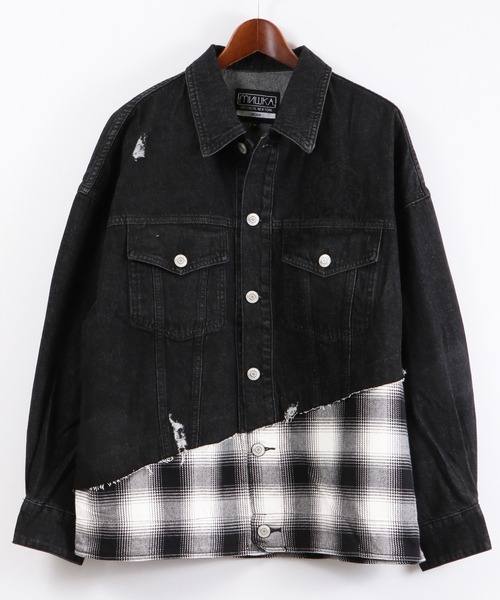 MISHKA(ミシカ)の「【MISHKA】無地&チェック柄 異素材切替 ビッグデニムジャケット(デニムジャケット・メンズ・ブラック・L/M)」の2枚目の写真