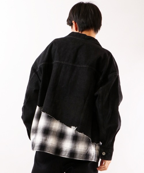 MISHKA(ミシカ)の「【MISHKA】無地&チェック柄 異素材切替 ビッグデニムジャケット(デニムジャケット・メンズ・ブラック・L/M)」の7枚目の写真