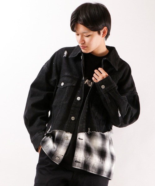MISHKA(ミシカ)の「【MISHKA】無地&チェック柄 異素材切替 ビッグデニムジャケット(デニムジャケット・メンズ・ブラック・L/M)」の4枚目の写真