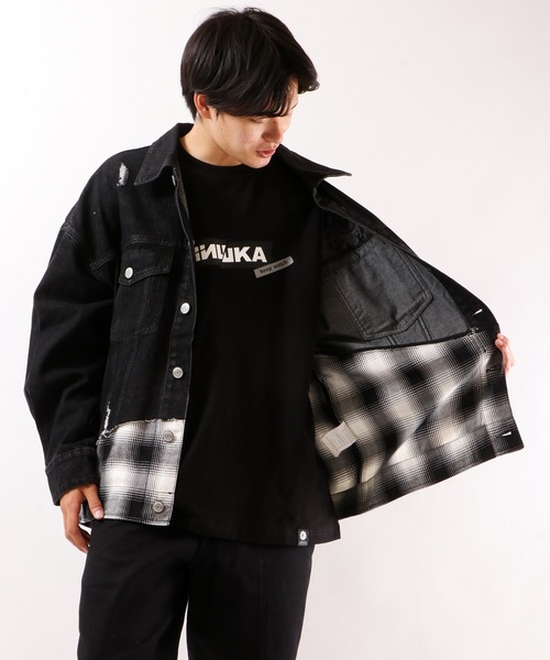 MISHKA(ミシカ)の「【MISHKA】無地&チェック柄 異素材切替 ビッグデニムジャケット(デニムジャケット・メンズ・ブラック・L/M)」の5枚目の写真