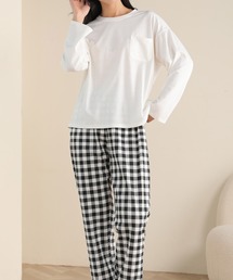 DAY CLOSET(デイ クローゼット)の【大きいサイズ有/セットアップ】長袖バイカラートップス+オーバーチェックロングパンツ ルームウェア レディース(ルームウェア/パジャマ)