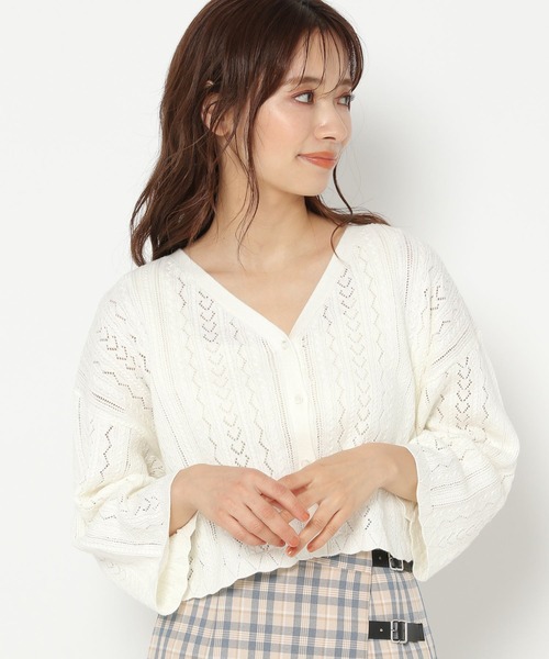 mysty woman(ミスティウーマン)の「MIX透かし編みカーディガン 269713(カーディガン/ボレロ・レディース・ブラック/オフホワイト/ピンク/ライトベージュ・FREE)」の2枚目の写真