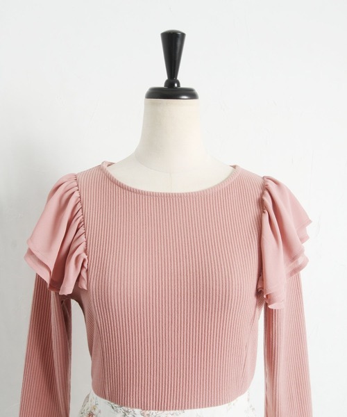 tocco closet（トッコ　クローゼット）の「肩シフォンフリル付きリブカットソー×フラワープリントドッキングワンピース（ワンピース・レディース・ネイビー/ピンク・M）」の15枚目の写真