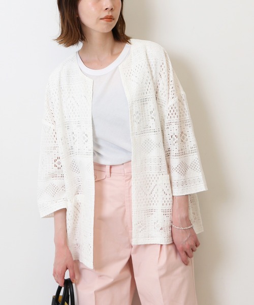 SLOBE IENA（スローブイエナ）の「レースノーカラー（ノーカラージャケット・レディース・ホワイト/グリーン・FREE）」の7枚目の写真