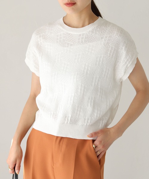 HER CLOSET(ハークローゼット)の「【shemoshelly】フレンチスリーブ透かし編みニット(ニット/セーター・レディース・ブラック/オフホワイト/グリーン/グレイッシュベージュ・M)」の2枚目の写真