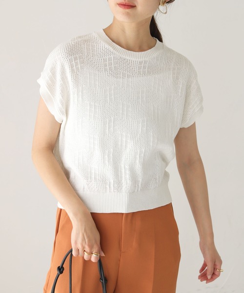 HER CLOSET(ハークローゼット)の「【shemoshelly】フレンチスリーブ透かし編みニット(ニット/セーター・レディース・ブラック/オフホワイト/グリーン/グレイッシュベージュ・M)」の5枚目の写真