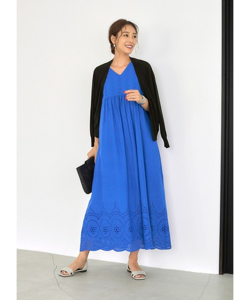 フォクシー 裾スカラップカットワークレース ふんわりワンピース モカ