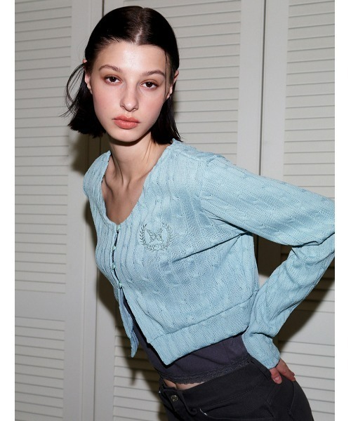 FANCY CLUB(ファンシークラブ)の「A'GEM/9 × .kom『 FANCY CLUB/ファンシークラブ』BAY LEAF BUTTON CARDIGAN/ベイリーフボタンカーディガン(カーディガン/ボレロ・レディース・ブラック/ライトグリーン・FREE)」の14枚目の写真