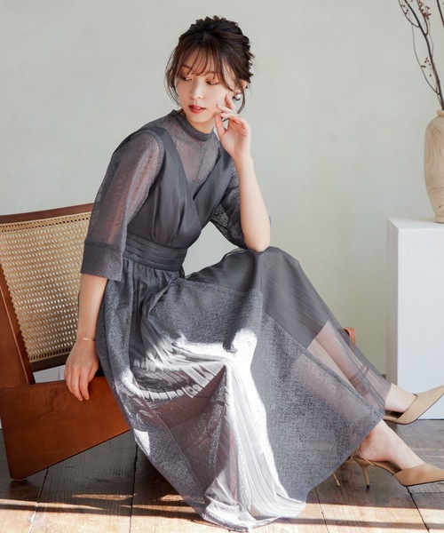 niana(ニアナ)の「プリーツ×チュール七分袖ワンピースドレス(ドレス・レディース・ブラック/グレイッシュブルー/ダークブラウン/ライトカーキ/ピンク・M)」の4枚目の写真