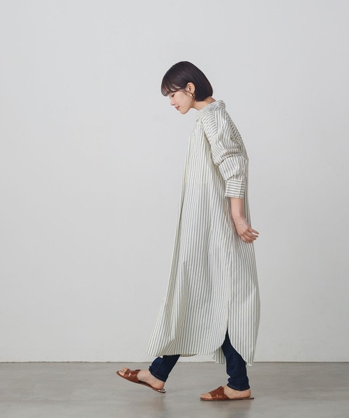 lil nina(リルニーナ)の「綿100% ストライプ タイプライター 長袖シャツワンピース(シャツワンピース・レディース・パープル/オフホワイト/グリーン・FREE)」の4枚目の写真