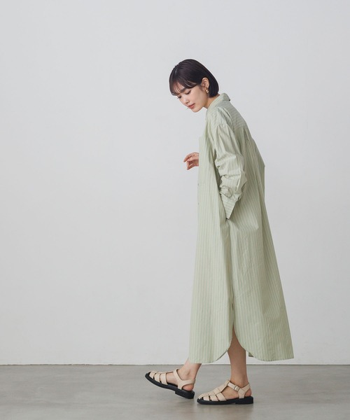 lil nina(リルニーナ)の「綿100% ストライプ タイプライター 長袖シャツワンピース(シャツワンピース・レディース・パープル/オフホワイト/グリーン・FREE)」の6枚目の写真