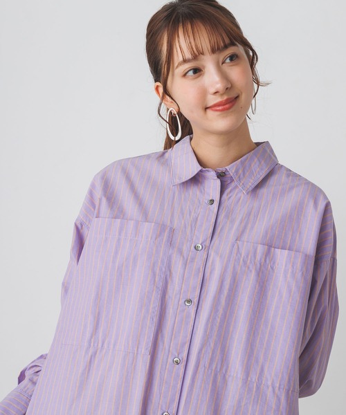 lil nina(リルニーナ)の「綿100% ストライプ タイプライター 長袖シャツワンピース(シャツワンピース・レディース・パープル/オフホワイト/グリーン・FREE)」の10枚目の写真