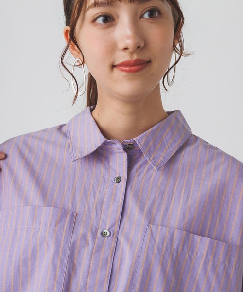 lil nina(リルニーナ)の「綿100% ストライプ タイプライター 長袖シャツワンピース(シャツワンピース・レディース・パープル/オフホワイト/グリーン・FREE)」の11枚目の写真