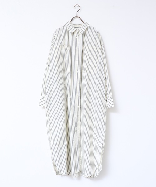 lil nina(リルニーナ)の「綿100% ストライプ タイプライター 長袖シャツワンピース(シャツワンピース・レディース・パープル/オフホワイト/グリーン・FREE)」の14枚目の写真