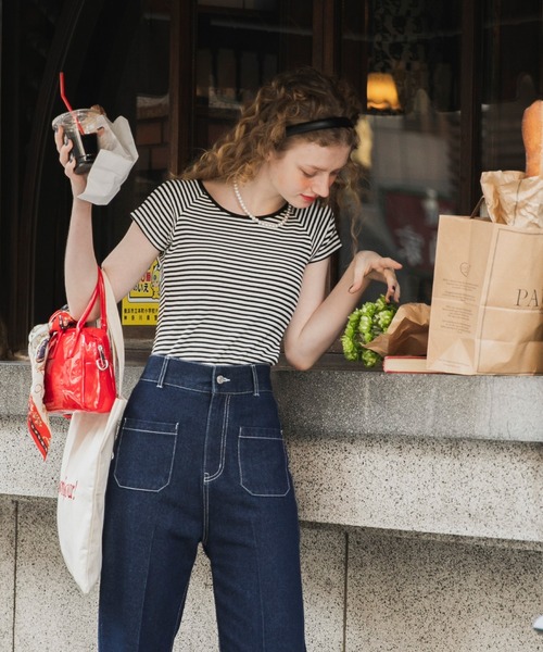 BONLECILL（ボンルシール）の「カップ付き テレコリブ半袖バレエネックTシャツ（Tシャツ/カットソー・レディース・オレンジ/レッド/ライトグリーン/ブラック×ホワイト/ブラック/オフホワイト/ブルー/チャコールグレー/ネイビー系1/ピンク・FREE）」の19枚目の写真
