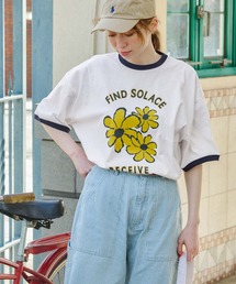 ヴィンテージライクフラワープリントリンガーTシャツ