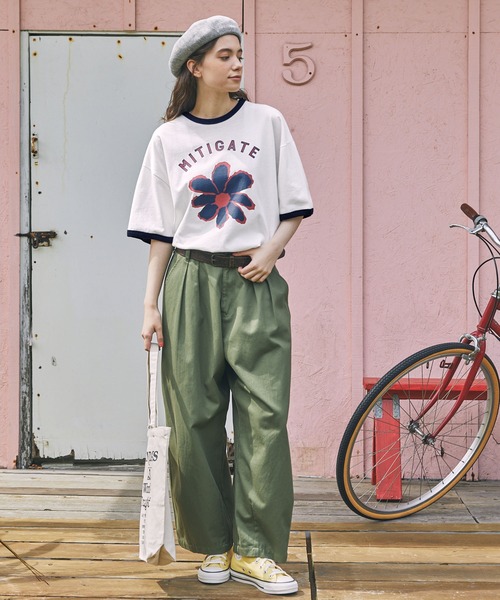 ヴィンテージライクフラワープリントリンガーTシャツ MONO-MART