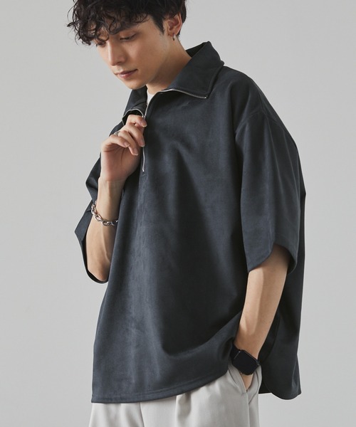 MONO-MART（モノマート）の「ハーフジップ ビッグカラールーズブラッシュド半袖カットソー（スウェット・メンズ・アイボリー/ダークグリーン/ベージュ/ブルー/オリーブ/ブラック/ライトグレー/グレイッシュブルー/ダークグレー/パープル/ネイビー・M/L）」の8枚目の写真