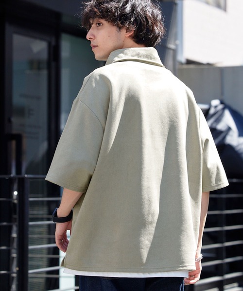 MONO-MART（モノマート）の「ハーフジップ ビッグカラールーズブラッシュド半袖カットソー（スウェット・メンズ・アイボリー/ダークグリーン/ベージュ/ブルー/オリーブ/ブラック/ライトグレー/グレイッシュブルー/ダークグレー/パープル/ネイビー・M/L）」の15枚目の写真