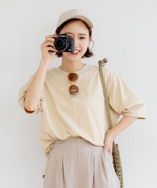 studio CLIP（スタディオクリップ）の「【接触冷感/紫外線防止】ニットリブ付きコクーンスリーブプルオーバー（Tシャツ/カットソー・レディース・オフホワイト/ブラウン/ベージュ/ピンク・FREE）」の3枚目の写真