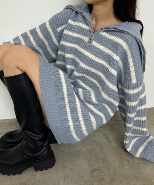 OLIVE des OLIVE（オリーブデオリーブ）の「ハーフジップチュニックニット　1032090190（ニット/セーター・レディース・サックスブルー/ブラック/オフホワイト/ネイビー・FREE）」の4枚目の写真