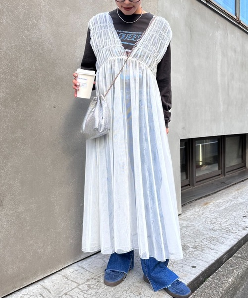 CIAOPANIC TYPY(チャオパニックティピー)の「【低身長向け2サイズ展開】シャーリングチュール2WAYワンピース(ワンピース・レディース・ブラック/オフホワイト/グレー/ベージュ/カーキ・M/S)」の8枚目の写真