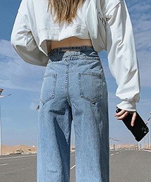 バッククロスデザイン ハイウエストストレートデニムパンツ
