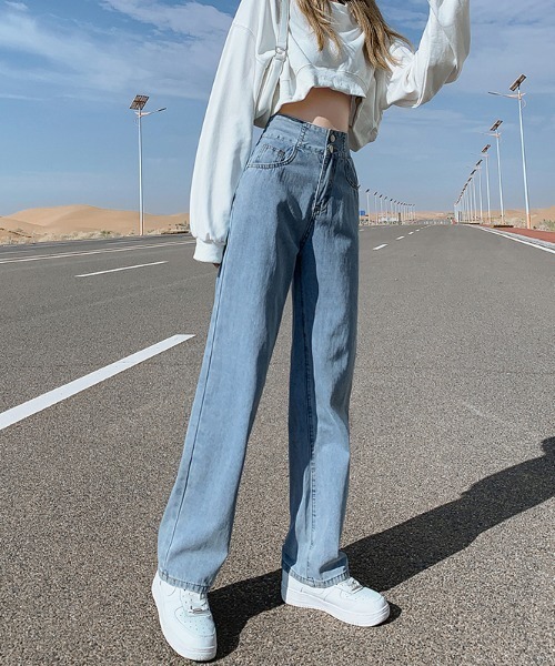 COCOMOMO(ココモモ)の「バッククロスデザイン ハイウエストストレートデニムパンツ(デニムパンツ・レディース・ブラック/ブルー・S/M/L/XL/2XL)」の16枚目の写真