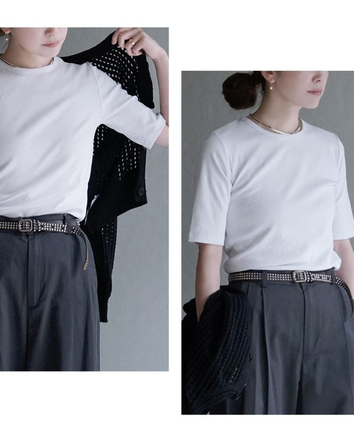 apartment department(アパートメントデパートメント)の「クルーネック 5分袖リブカットソー(Tシャツ/カットソー・レディース・ホワイト/ライトイエロー/チャコール/ライトカーキ・M)」の6枚目の写真