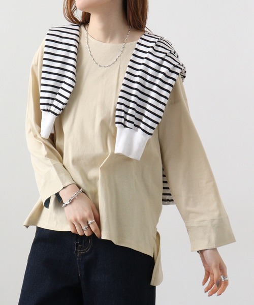 atONE(アットワン)の「atONE 袖口裏タンガリーロングTシャツ(Tシャツ/カットソー・レディース・カーキ/ブラック/ベージュ/オフホワイト・LL~3L/4L~5L/M-L)」の1枚目の写真