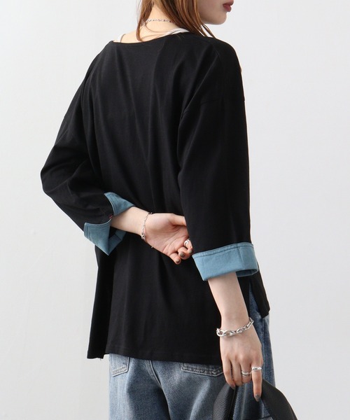 atONE(アットワン)の「atONE 袖口裏タンガリーロングTシャツ(Tシャツ/カットソー・レディース・カーキ/ブラック/ベージュ/オフホワイト・LL~3L/4L~5L/M-L)」の10枚目の写真