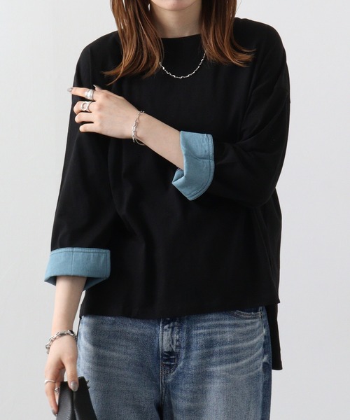 atONE(アットワン)の「atONE 袖口裏タンガリーロングTシャツ(Tシャツ/カットソー・レディース・カーキ/ブラック/ベージュ/オフホワイト・LL~3L/4L~5L/M-L)」の9枚目の写真