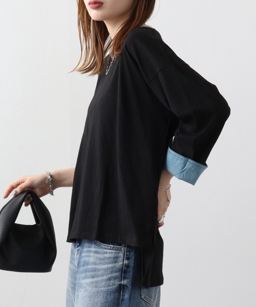 atONE(アットワン)の「atONE 袖口裏タンガリーロングTシャツ(Tシャツ/カットソー・レディース・カーキ/ブラック/ベージュ/オフホワイト・LL~3L/4L~5L/M-L)」の11枚目の写真