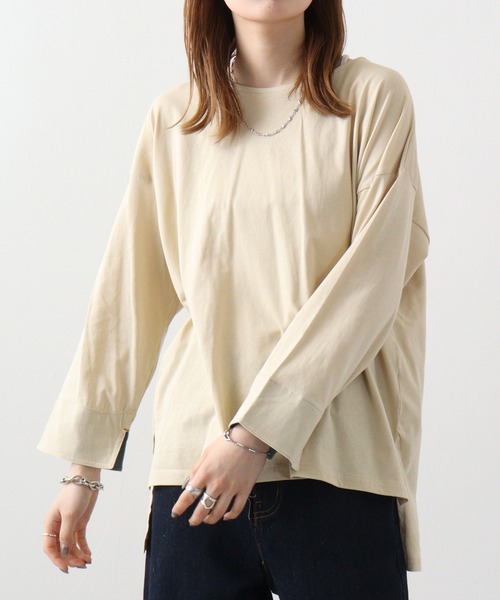 atONE(アットワン)の「atONE 袖口裏タンガリーロングTシャツ(Tシャツ/カットソー・レディース・カーキ/ブラック/ベージュ/オフホワイト・LL~3L/4L~5L/M-L)」の21枚目の写真