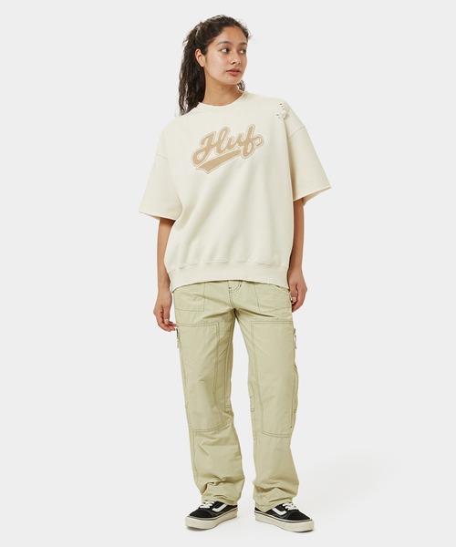 大人気 HUF POP FLY DAMAGE CREW ヴィンテージ加工＆刺繍◎ HUF ハフ POP FLY DAMAGE CREW FL80076SP24 スウェットTシャツ