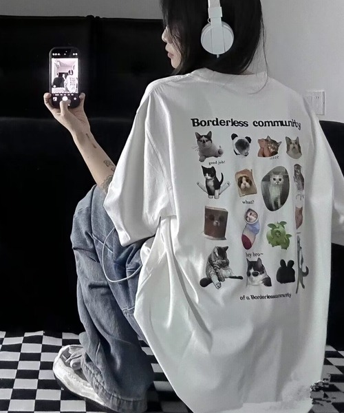 GEMEDA(ジェメダ)の「キャットプリントTシャツ(Tシャツ/カットソー・レディース・ダークグレー/ベージュ/ホワイト・M)」の8枚目の写真