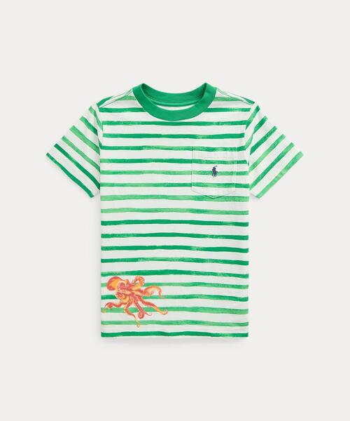 ストライプド オクトパスプリント コットン ポケット Tシャツ