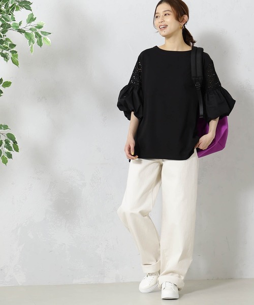 FOUND GOOD（ファウンドグッド）の「袖レース切替5分袖プルオーバー（Tシャツ/カットソー・レディース・ブラック/ホワイト系5/グリーン系5/ブラウン系8・L/M/S）」の2枚目の写真