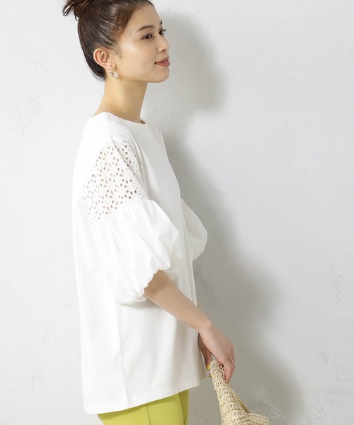 FOUND GOOD（ファウンドグッド）の「袖レース切替5分袖プルオーバー（Tシャツ/カットソー・レディース・ブラック/ホワイト系5/グリーン系5/ブラウン系8・L/M/S）」の6枚目の写真