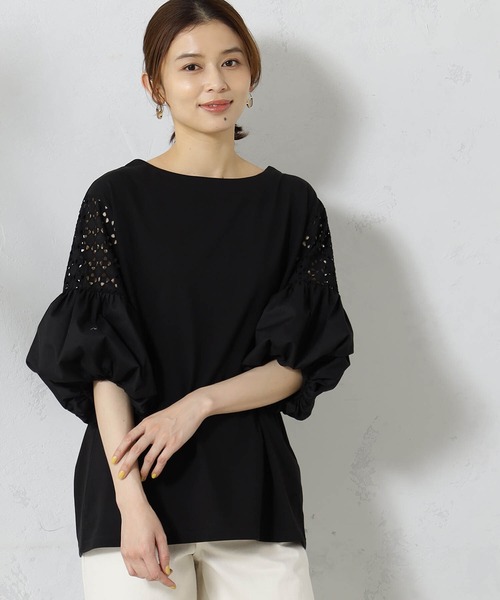 FOUND GOOD（ファウンドグッド）の「袖レース切替5分袖プルオーバー（Tシャツ/カットソー・レディース・ブラック/ホワイト系5/グリーン系5/ブラウン系8・L/M/S）」の9枚目の写真