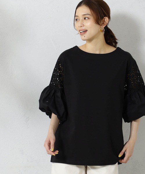 FOUND GOOD（ファウンドグッド）の「袖レース切替5分袖プルオーバー（Tシャツ/カットソー・レディース・ブラック/ホワイト系5/グリーン系5/ブラウン系8・L/M/S）」の10枚目の写真