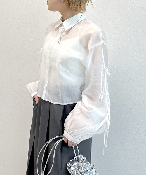 【新品】ウエストリボンショートブラウス セール】長袖ショート丈クロップドドロストギャザーシャーリング