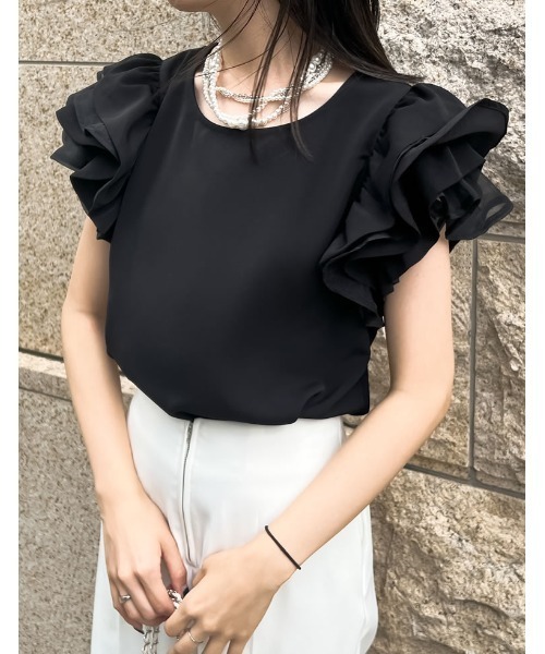 MEISM（ミズム）の「[2024 SUMMER COLLECTION][MEISM by Re:EDIT]レイヤードフリルスリーブブラウス（シャツ/ブラウス・レディース・ブラック/ホワイト・MEDIUM/LARGE）」の12枚目の写真