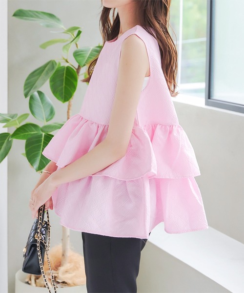 KOBE LETTUCE(コウベレタス)の「ジャガードフリルトップス(シャツ/ブラウス・レディース・ブラック/オフホワイト/ブルー/ピンク・M)」の13枚目の写真