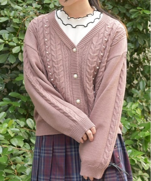 axes femme（アクシーズファム）の「パール×ケーブルニットカーデ（カーディガン/ボレロ・レディース・キナリ/チャコール/モカ/ブルーグリーン・FREE）」の4枚目の写真