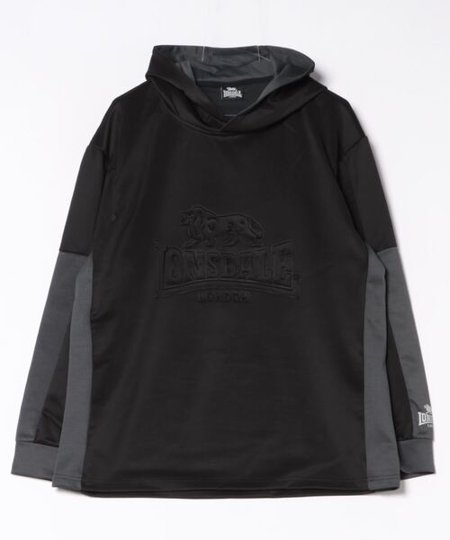 LONSDALE（ロンズデール）の「【LONSDALE】ポリニット配色切替エンボスプルオーバー（パーカー・メンズ・ブラック/チャコールグレー・L/LL/M）」の2枚目の写真