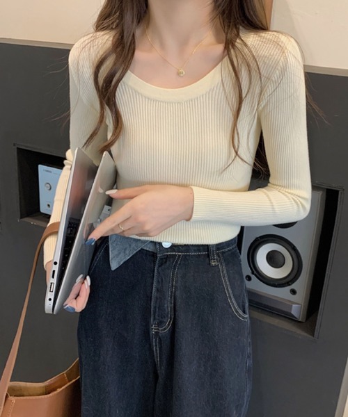 2ly2（トゥーリートゥー）の「韓国スタイル スリムフィット ベーシックインナーリブセーター（ニット/セーター・レディース・ホワイト/ブラック/ベージュ/ブルー/アイボリー/ピンク・FREE）」の10枚目の写真