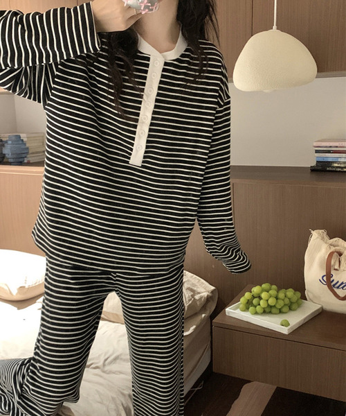 レディース 長袖ヘンリーネックボーダーイージールームウェア 上下2点